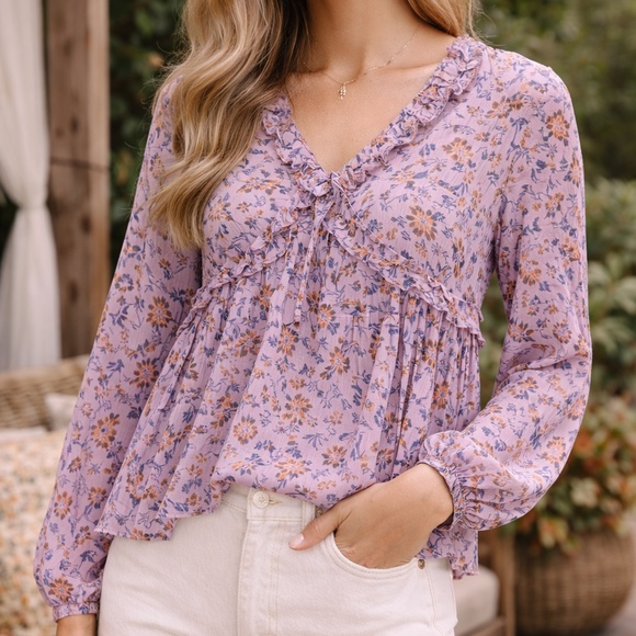 easel Tops - NWT EASEL Blouse Top Sz L Lilac Floral Long Sleeve Lightweight Spring Cottage